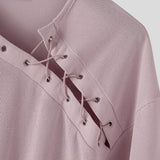 WIAOFELLAS  -  Men T Shirt Solid Short Sleeve Drawstring Lace Up Loose Male Tee Tops Streetwear Summer 2025 Korean Style Men Clothing