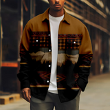 WIAOFELLAS  -  Casual Men's Brown Jacket Art Painting Print Vintage Long Sleeve Fashion Turn-down Collar Button Coat Casual Streetwear