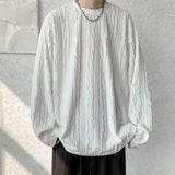 WIAOFELLAS  -  Japanese Style Long Sleeved T-shirt Spring Autumn Men's Textured Round Neck Pullover Sweatshirts Youth Foam Pleated Loose Top