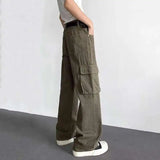 WIAOFELLAS  -  solid color men's casual pants american big side pocket cargo trousers straight new male simple wide leg bottom