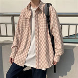 Wiaofellas Long Sleeve Plaid Casual Shirts Men Contrast Color Oversize Loose All-match Hiphop Street Wear Tops Trendy Spring Men's Clothes