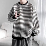 Wiaofellas  -  Long Sleeved T-shirt Men's Hong Kong Style Trend Ins Loose T-shirt Striped Sweatshirt Base Shirt Men's Top Coat