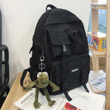 WIAOFELLAS  -  Students Black School Backpack Portable Nylon Cloth Multi Pocket Eco-friendly Unisex Knapsack Lovers' Frog Pendant Rucksack