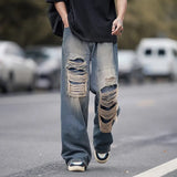 Wiaofellas American style torn jeans, men's summer washed and worn-out, loose fitting wide leg straight tube mop, trendy high street pants