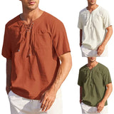 WIAOFELLAS  -  New Men's Short Sleeved Shirt Fashion Casual Lace Up Square Neck Solid Color Short Sleeved Shirt