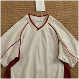 WIAOFELLAS  -  Athleisure style V-neck short-sleeved T-shirt male couple pure cotton color splicing summer fashion half sleeve base T