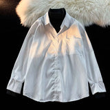 WIAOFELLAS  -  2025 Men Spring Autumn Fashion Fake Two-piece Striped Shirt Men's Long Sleeve Loose Shirts Male Pocket Casual Blouses P670