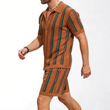 Wiaofellas  -  Men 2 Piece Striped Knitted Shirts Set Summer Casual Short Sleeve Cardigan+Shorts Sets Streetwear Fashion Outfit for Beach Wear
