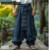 Wiaofellas  -  Ethnic Style Casual Cotton Linen Wide Leg Pants Spring Summer New Men's Solid Color Lace-up Baggy Pants Vintage Streetwear Male