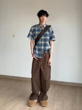 WIAOFELLAS  -  Fashion Men's Plaid Loose Turn Down Collar Casual Shirts Trendy 2025 Summer Single-breasted Short Sleeves Tops Male 2A0930