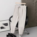 Wiaofellas  -  Men Pleated Dress Pants with Belt Business Casual Non-Iron Straight Trousers Male Solid Color Ankle Length Office Work Pants