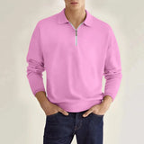 Wiaofellas  -  Men's Light Blue Quarter Zip Polo Neck Top Long Sleeve Casual Solid Color Slim Fit Pullover For Spring Autumn