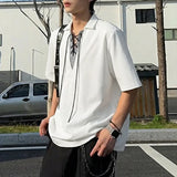 Wiaofellas  -  Men Shirt Lapel Short Sleeve Patchwork Lace Up Casual Men Clothing Streetwear Korean Style Summer Fashion Male Tops