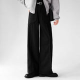 WIAOFELLAS  -  Korean Elegant Pants Fake Pocket Decoration Wide-leg Pants Autumn New American Style Design Sense Spliced Straight Suit Trousers