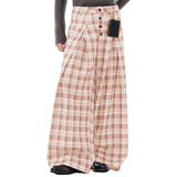 Wiaofellas  -  Men Plaid Pants Button Joggers Loose Casual Wide Leg Trousers Men Pleated Streetwear Baggy Fashion Wide Leg Pants