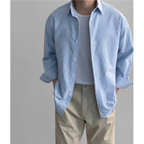 WIAOFELLAS  -  Oversized Men's Autumn Long-Sleeved Striped Shirt, High-End Korean Style Trendy Casual Overshirt, Sky Blue Striped Shirt, Unisex