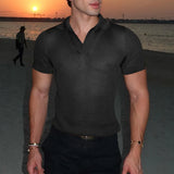 WIAOFELLAS  -  Men Shirt Hollow Out Lapel Short Sleeve Transparent Male Shirts Solid Streetwear Summer 2025 Fashion Casual Camisas