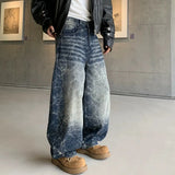 Wiaofellas  -  Unisex Vintage Crack Lightning Print Baggy Jeans High Waist Curved Banana Wide Leg Loose Oversized Streetwear Denim Trousers
