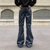 WIAOFELLAS  -  New trendy multi pocket loose straight blue leather pants