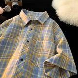 Wiaofellas  -  Trendy Summer Elegant Short Sleeve Plaid Shirt Men's American Casual Oversized Pocket T Shirts Y2K Streetwear Camisas
