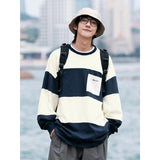 Wiaofellas Men Striped Hoodies Oversized Sweatshirt Harajuku Pullovers Neutral Korean Fashion Couples Matching Pocket Long Sleeve Tops