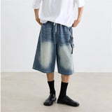 WIAOFELLAS  -  Vintage Men's Gradient Drawing Loose Denim Shorts Fashion 2025 Summer Elastic High Waist Straight Short Pants Male 2A0914