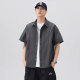 WIAOFELLAS  -  Men's Summer Solid Color Short-Sleeve Shirt - Relaxed Drop-Shoulder Casual Top, Textured Design for Smart-Casual Wear