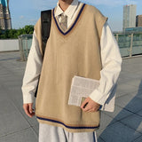 WIAOFELLAS  -  Sweater Vest Men Retro V-neck Vintage Campus Fashion Winter Japanese College DK Loose Basic Knitting All-match Trendy Chandails