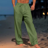 Wiaofellas  -  Men Summer Cotton Linen Drawstring Casual Pants Solid Color Loose Wide Leg Trousers Breathable Elastic Waist Daily Beach