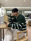 WIAOFELLAS  -  Korean semi-zipper striped color-blocking men's autumn and winter style trendy and versatile warm lapel sweater jacket
