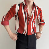 WIAOFELLAS  -  High End Red Striped Men Casual Shirts Autumn Fashion Long Sleeved Men's Floral Shirt Elegant Slim Fit Social Mens Dress Shirt