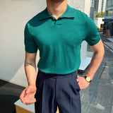 WIAOFELLAS  -  Spring Summer Knit Polo Shirt Men Casual Turn-down Collar Button-up Fashion Striped Solid Slim Tops Ice Silk Fabric T-shirt