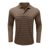 Wiaofellas  -  Men Striped Print Lapel Collar Long Sleeve Polo Shirt Autumn Winter Casual Daily Top