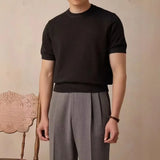Wiaofellas  -  Men's Knitted T-shirt Spring Summer New Cashmere Short Sleeved Men Round Neck Solid Knit Pullover Casual Men's Clothing Tops