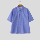 Wiaofellas  -  Men Plaid Shirt Lapel Short Sleeve Loose Casual Men Clothing Summer Korean Style Pockets Fashion Leisure Male Tops