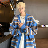WIAOFELLAS  -  Autumn Striped Cardigan Sweater Men Korean Knitted Sweater Pullover Harajuku Hip Hop Streetwear Loose Knitwear Coat Male Clothes