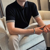 Wiaofellas  -  High Quality Striped Knitted Polo Shirt for Men Summer Short Sleeve Ice Silk Cool T-shirt Casual Business Sports Golf Tee Tops