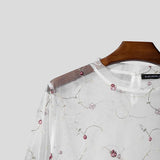 Wiaofellas  -  Men's T Shirt Mesh Flower Embroidery See Through Male Vests Streetwear Summer Sexy Long Sleeve O-neck Men Clothes