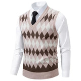 Wiaofellas  -  Men's Knitted Warm Sweater in Autumn and Winter V-neck Vest Diamond Grid Twisted Flower Casual Fashion Versatile Top