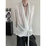 Wiaofellas  -  New Chinese Style Men's Clothing Solid Color Shirts Organza Male Casual Clothing V-neck Belt Long Sleeve Summer Trend