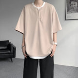 WIAOFELLAS  -  Summer Fashion Fake Two T-shirts Men Lightweight Loose Short Sleeve Casual Pull On Tees Male Solid Streetwear Hip Hop Tops Man