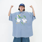 WIAOFELLAS  -  Men Shirt Summer Funny Plush White Goose Embroilery Short Sleeve Button Up Shirts HipHop Harajuku Casual Loose Streetwear Shirt