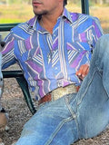 Wiaofellas  -  Men's Retro Western Striped Shirt Casual Short Sleeve Button-Up Cowboy Style Shirt