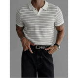 Wiaofellas  -  British Style Polo Shirt Men's Fashion Lapel Business Casual Knitted Short Sleeved T-shirt Striped Social Office Polo Shirts