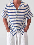 Wiaofellas  -  Daily Leisure Mens Short Sleeve Knit Shirt Summer Outdoor Casual Striped Knitted Cardigan Tops Men Stylish Buttoned Lapel Shirts