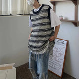 WIAOFELLAS  -  Summer New Men's Striped Sleeveless Knitted Vest American Retro Fashion Trendy Street Hip Hop Loose Casual Niche Men's Top