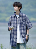 Wiaofellas  -  Trendy Summer Elegant Short Sleeve Plaid Shirt Men's American Casual Oversized Pocket T Shirts Y2K Streetwear Camisas