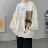 Wiaofellas  -  Japanese Large Pockets Solid Color Sweater Trend Design Sense Round Neck Long Sleeve Autumn Loose Fashion Women Men Clothing