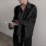 WIAOFELLAS  -  Men Shirt Solid Pleated Ruffle Lapel Long Sleeve Men Clothing Streetwear Loose Fashion Casual Tops Male Shirts S-5XL