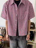 Wiaofellas  -  Trendy Mens Short Sleeve Shirt Tops Spring Summer Vintage Plaid Printing Shirts Men Casual Button-up Turn-down Collar Shirt